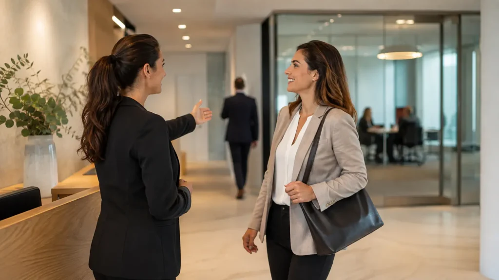 Professionnelle accueillant et orientant une visiteuse dans une entreprise