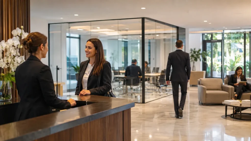 Professionnelle accueillant un visiteur dans le hall d’une entreprise