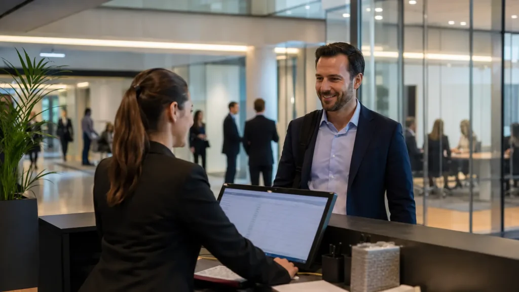 Hôtesse d’accueil gérant les visiteurs et rendez-vous dans une entreprise