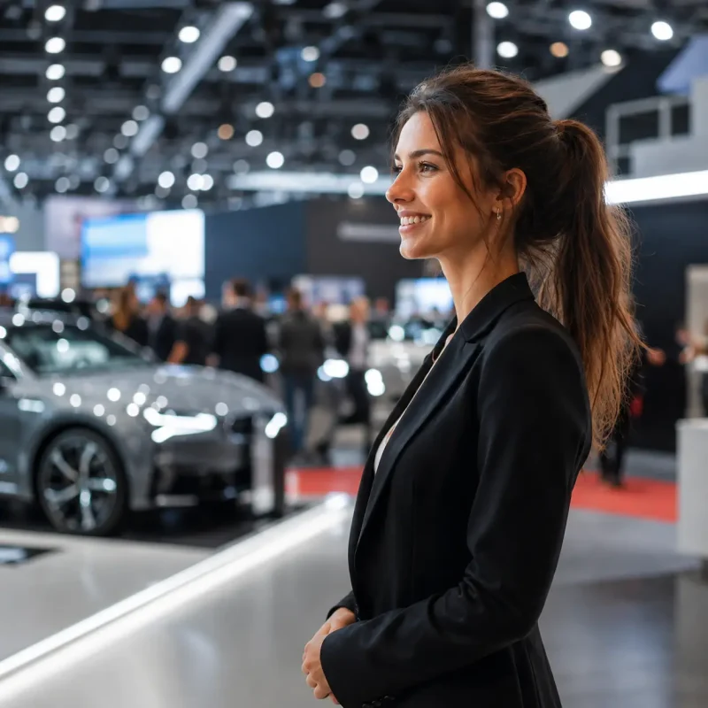 Hôtesse souriante au salon automobile